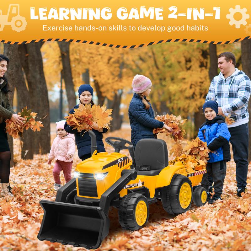 CoCLUB 12V 2 in 1 Ride on Tractor Bulldozer Toys for Kids, Battery Powered Ride on Tractor with Remote Control, Trailer, Shovel Bucket, Digging Handle, Remote Control, Bright Headlight, Gift for Boys and Girls