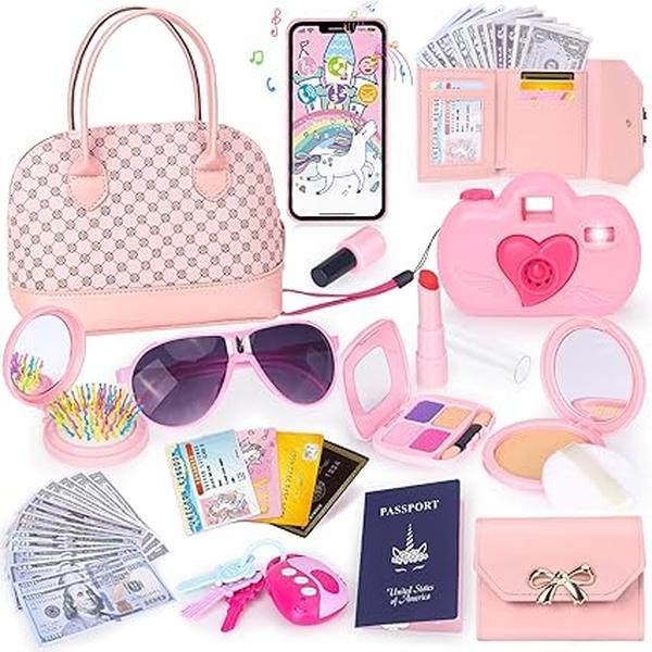 Christmas Play Purse for Little Girls, 35PCS Toddler Purse with Handbag, Phone, Wallet, Camera, Keys, Kids Purse, Cards, fake currency Birthday Gift for Girls