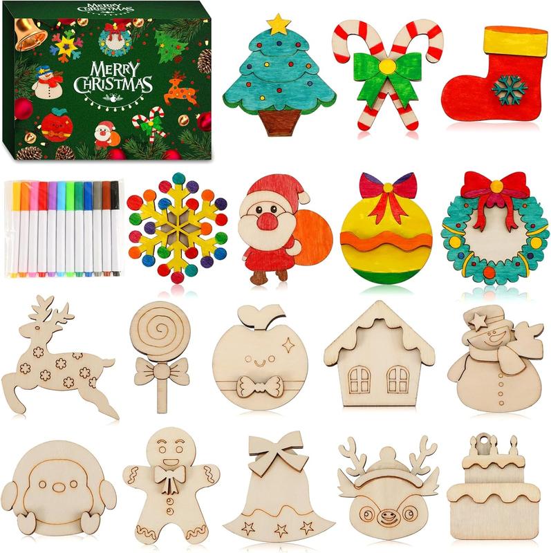 DIY Wooden Christmas Crafts Kit for Kids - 36pcs Magnets Painting Set for Boys & Girls Ages 4-8 & 8-12, Xmas Stocking Stuffers, Holiday Party Favors, Gifts, Goodie Bag Fillers, Holiday Decor