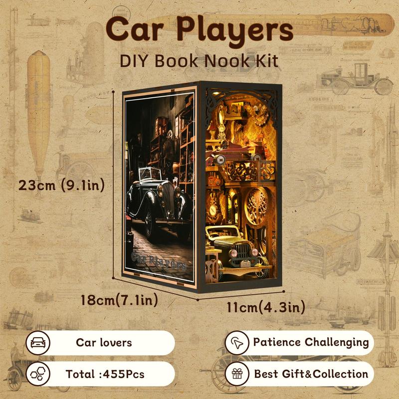 Wooden Car Model Book Nook Kit, DIY Wooden Puzzle Bookend, Miniature House Kit for Bookshelf Insert Decoration, DIY Book Nook Model Building Kit, Stocking Fillers Gift