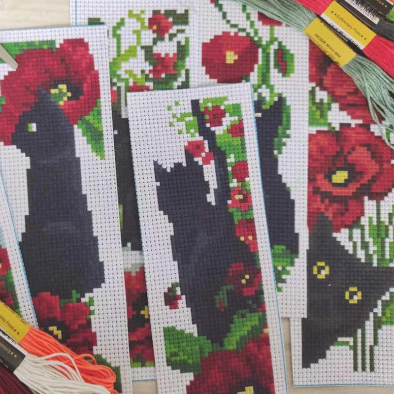 Cat & Flower Pattern DIY Cross Stitch Bookmark Kit, 6 Counts set DIY Cross Stitch Kit with Random Color Embroidery Accessories, DIY Cross Stitch Kit for Beginners & Handmade Lovers