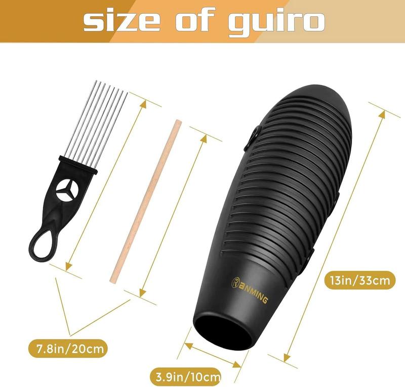 RANMING Guiro Instrument 3.9x13 Inch Super Guiro Fish Shaped Latin Percussion Instrument with 2 x Guiro Scraper Musical Training Tool for Beginners and Music Lover Black