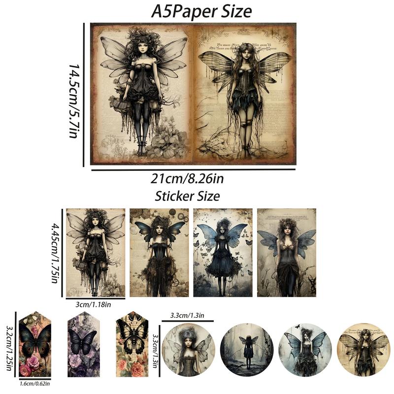 Gothic Butterfly Fairy Pattern Papers & Stickers Set, 58pcs set Including 12pcs Scrapbook Paper & 46pcs Sticker, Perfect for Mini Gift Packaging, Bullet Journaling, Arts Crafts, Scrapbooking Supplies