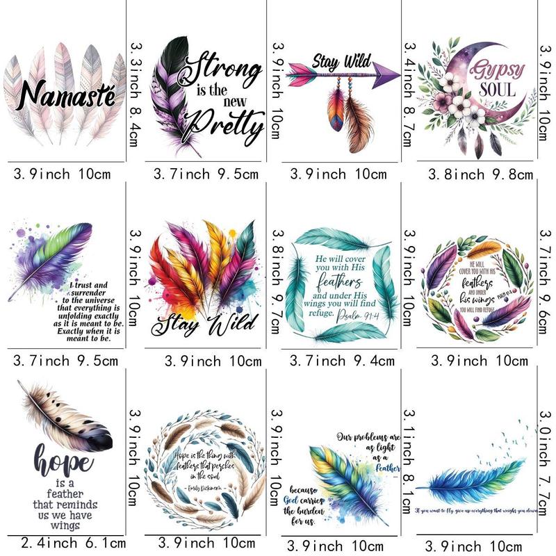 Feather Pattern Heat Transfer Sticker, 12pcs set Washable Iron Transfer Sticker, DIY Fashion Patch for T-shirt, Hat & Bag