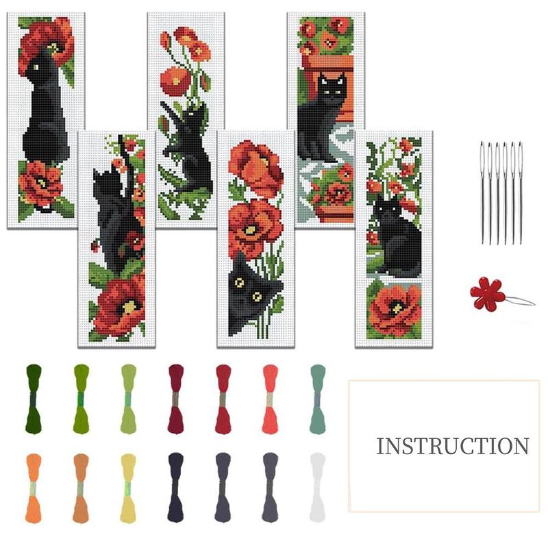 Cat & Flower Pattern DIY Cross Stitch Bookmark Kit, 6 Counts set DIY Cross Stitch Kit with Random Color Embroidery Accessories, DIY Cross Stitch Kit for Beginners & Handmade Lovers