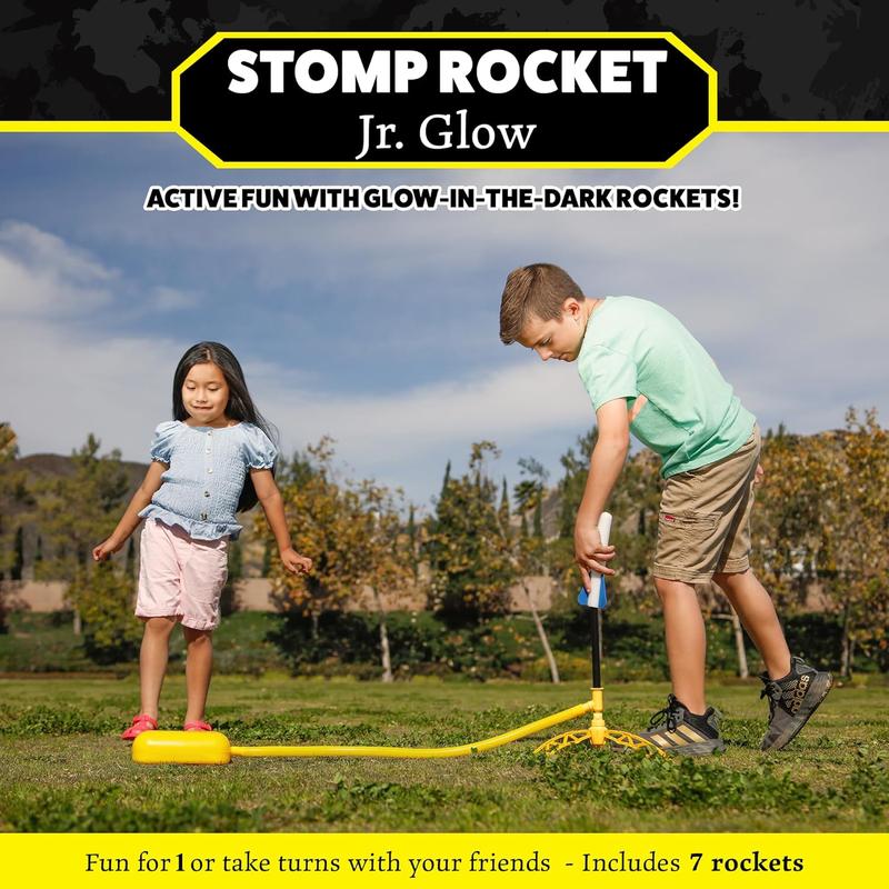 Stomp Rocket Jr Glow Rocket Launcher for Kids - 4 Glow-in-The-Dark Rockets - Outdoor Fun Toy Gift for Boys & Girls - STEM Soft Foam Blaster Set Soars Up to 100 Feet - Ages 3 & Up