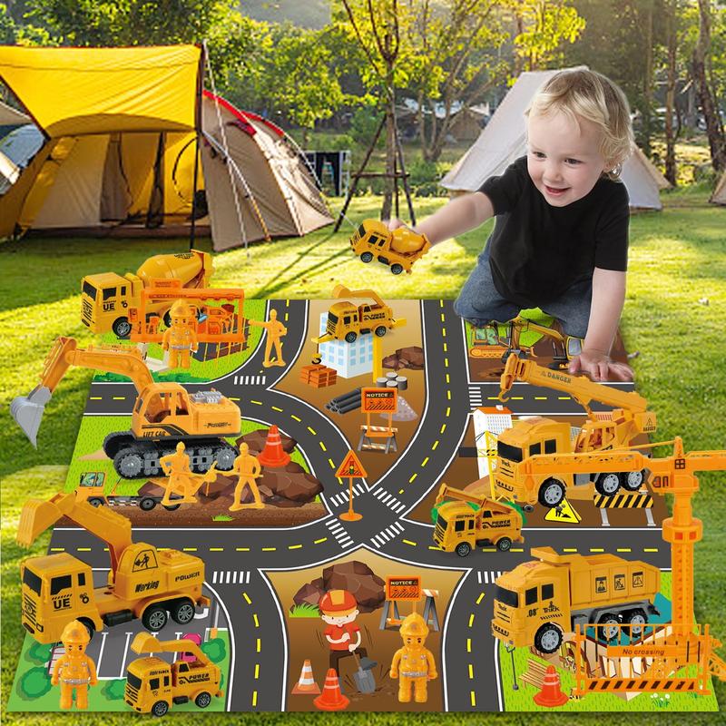 Construction Vehicle Toy Engineering Vehicles Set, 38Pcs, with Play Mat, Construction Worker, Road Signs, Dump Trucks, Excavator, Cement Mixer Trucks, Crane, Toy Gift for Age 3-9 Kids Boys & Girls kids toys