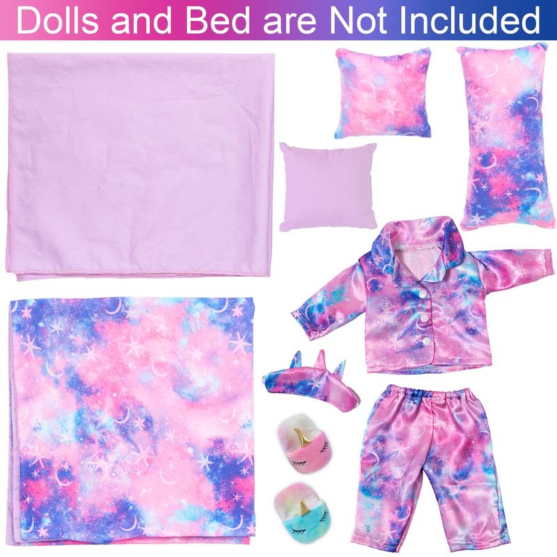 8 PCS 18 Inch Girl Doll Clothes and Accessories Sleeping Sheet,Pajamas,Eye Mask,Unicorn Slippers,Pillow(Doll and Bed are Not Included)