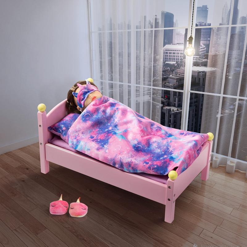 8 PCS 18 Inch Girl Doll Clothes and Accessories Sleeping Sheet,Pajamas,Eye Mask,Unicorn Slippers,Pillow(Doll and Bed are Not Included)