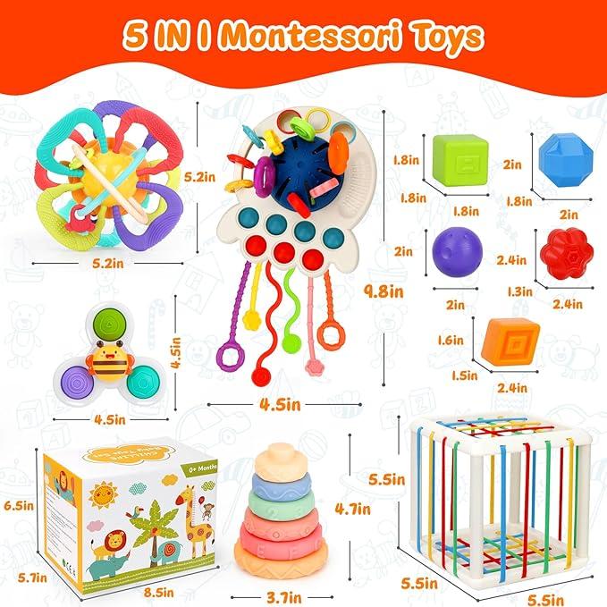 NEOBIOO 5pcs Montessori Children's Toys, Stacking Rings, Color Shape Sensory, Suction Cup Spin Toys, etc., Kids Birthday Holiday Party Gifts