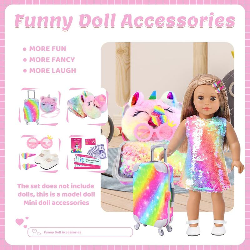 K.T. Fancy 23 Pcs American 18 Inch Doll Clothes and Accessories, Cute Doll Suitcase Set for 18 Inch Girl Doll Included Doll Sequined Dress, Sunglasses, Unicorn Bag, Shoes(No Doll)