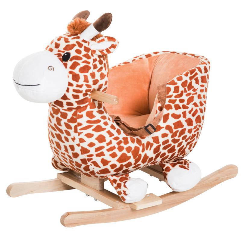 COODENKEY Kids Plush Rocking Horse with Safety Belt and Handle,Wooden Rocking Base,Giraffe Style Themed Ride-On Chair Toy with Sound,Brown