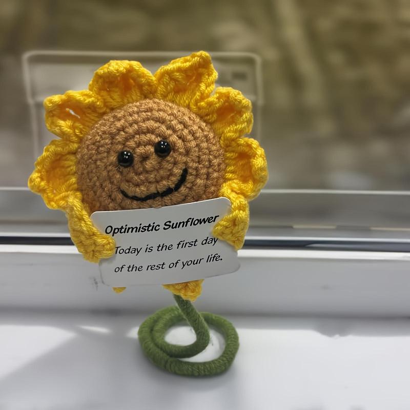 Creative Funny Positive Sunflower, Handmade Crochet Sunflower Doll, Cute Positive Sunflower with Card, Home Decor Ornaments, Cheer Up Gifts