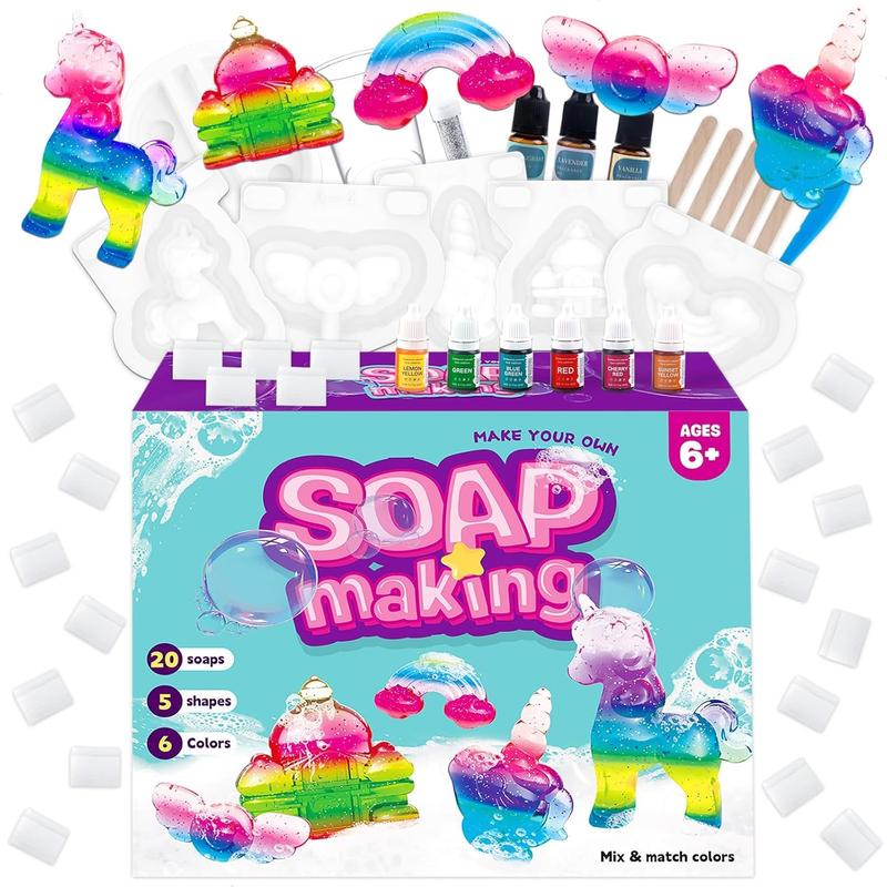 Unicorn Soap Making Kit Arts and Crafts for Kids Ages 6+ - Fun Christmas Easter Birthday Gifts for 6 7 8 9 10 11 12 Year Old Girl with 20 Soap Bases, 5 Molds, 6 Colors - Girl Unicorn Toys Science Kits