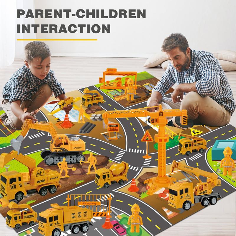 Construction Vehicle Toy Engineering Vehicles Set, 38Pcs, with Play Mat, Construction Worker, Road Signs, Dump Trucks, Excavator, Cement Mixer Trucks, Crane, Toy Gift for Age 3-9 Kids Boys & Girls kids toys