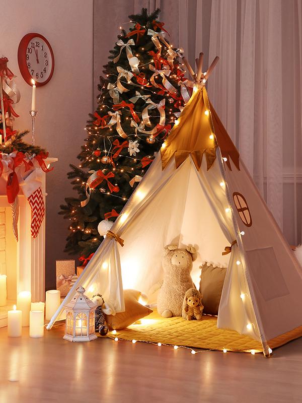 Children's fairy tale castle tent Christmas tent Christmas gift, storage bag with small window, large space, with cushion, LED light game tent