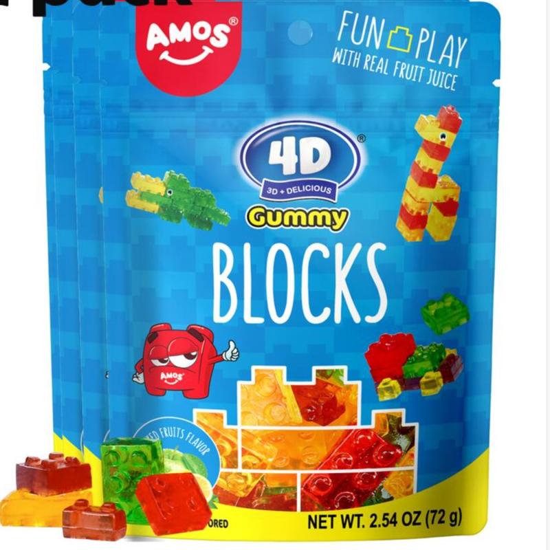 (12 Packs)Amos 4D Gummy Candy Blocks - Apple, Lemon, Blueberry, and Strawberry Flavors  - Set Candies Bonbon Strawberry Candies