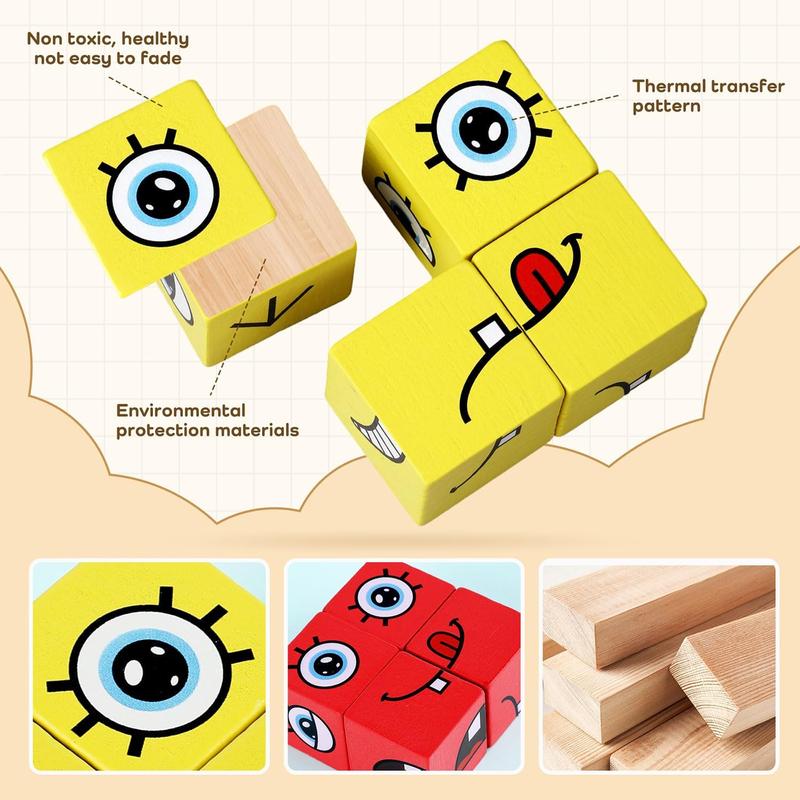 Wooden Face Changing Magic Cube Building Blocks Game Matching Expression Puzzle Toy Board Games for Family Night, Match Puzzles Geometric Educational Toys for Kids and Adults (16 Blocks+ 64 Cards + 1Bell)