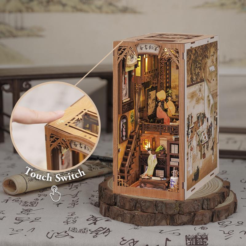 CUTEBEE DIY Book Nook Kit with Dust Cover, DIY Miniature Wooden Dollhouse Bookshelf Insert Kit Booknook 3D Bookend Stand Bookcase Model Build Creativity Toy Kit Decor Gift with LED Light (Ink Rhyme Bookstore)