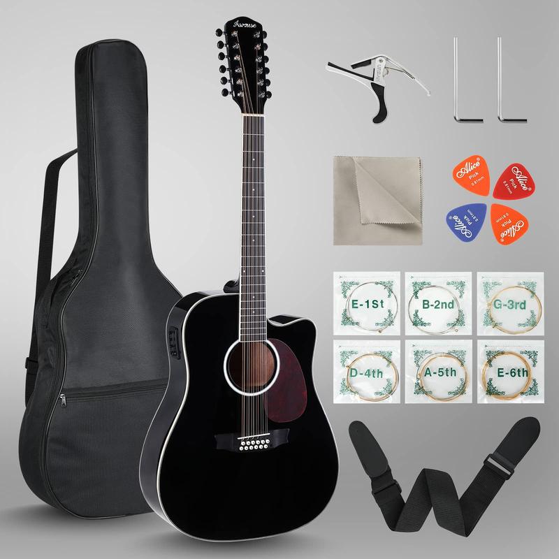 Asmuse 42” Acoustic Electric Guitar, 12 String Full Size Acoustic Guitar Bundle with 4-Band EQ, Gig Bag, Tuner, Picks, Shoulder Strap (Black)