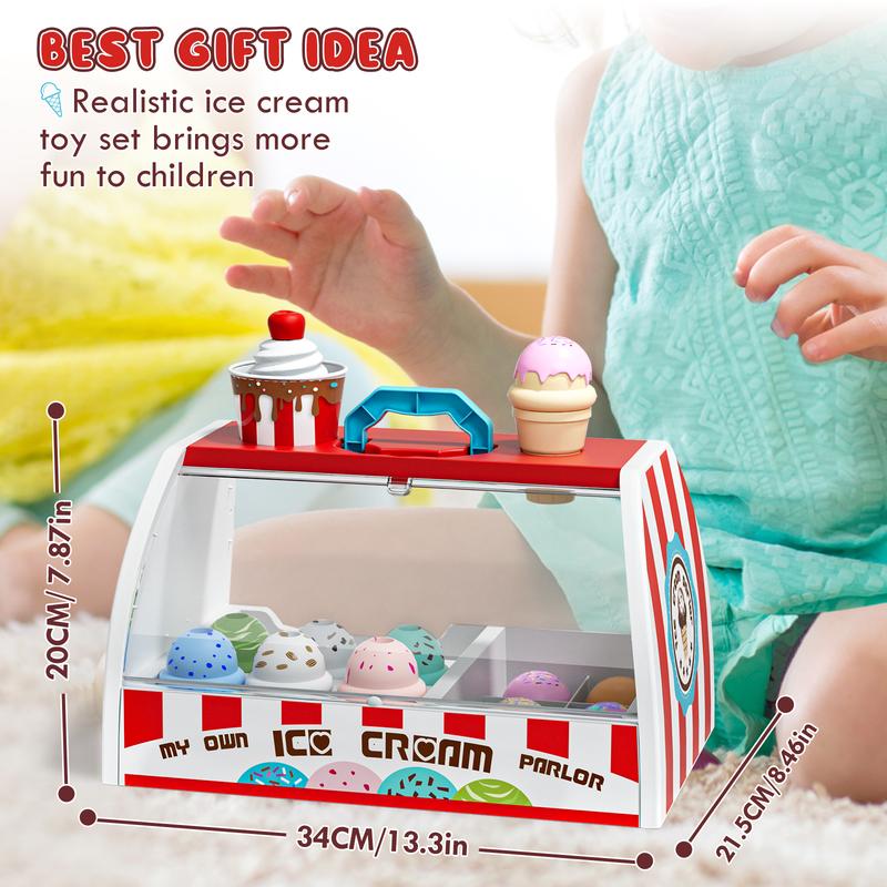 28Pcs Ice Cream Toys for kids, Pretend Play Food Toys for Girls, Ice Cream Shop Counter Playset, Birthday Gift for Girl Boy, Learning Education Toy