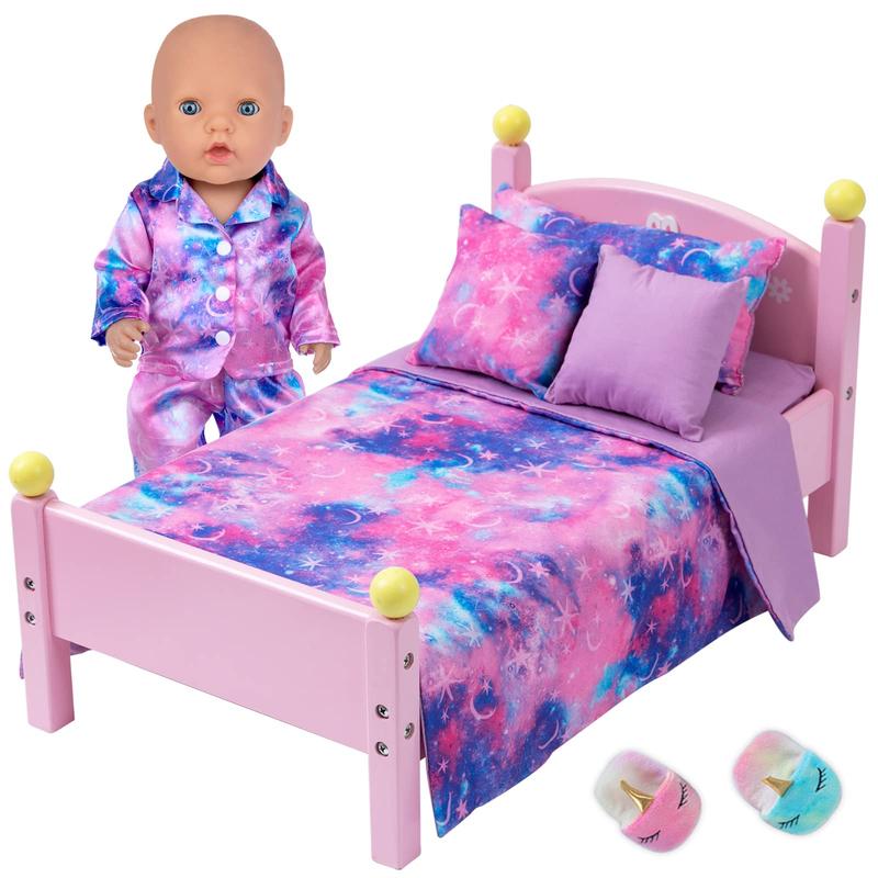 8 PCS 18 Inch Girl Doll Clothes and Accessories Sleeping Sheet,Pajamas,Eye Mask,Unicorn Slippers,Pillow(Doll and Bed are Not Included)