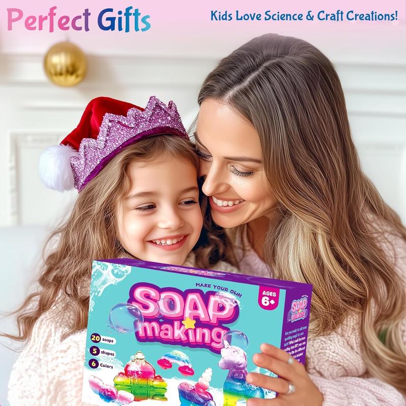 Unicorn Soap Making Kit Arts and Crafts for Kids Ages 6+ - Fun Christmas Easter Birthday Gifts for 6 7 8 9 10 11 12 Year Old Girl with 20 Soap Bases, 5 Molds, 6 Colors - Girl Unicorn Toys Science Kits