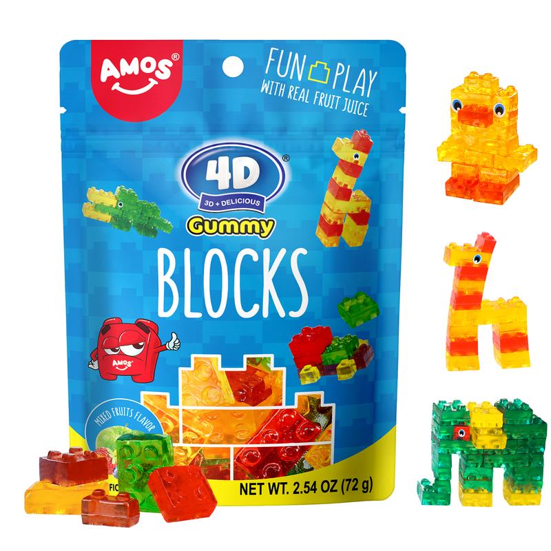 (12 Packs)Amos 4D Gummy Candy Blocks - Apple, Lemon, Blueberry, and Strawberry Flavors  - Set Candies Bonbon Strawberry Candies