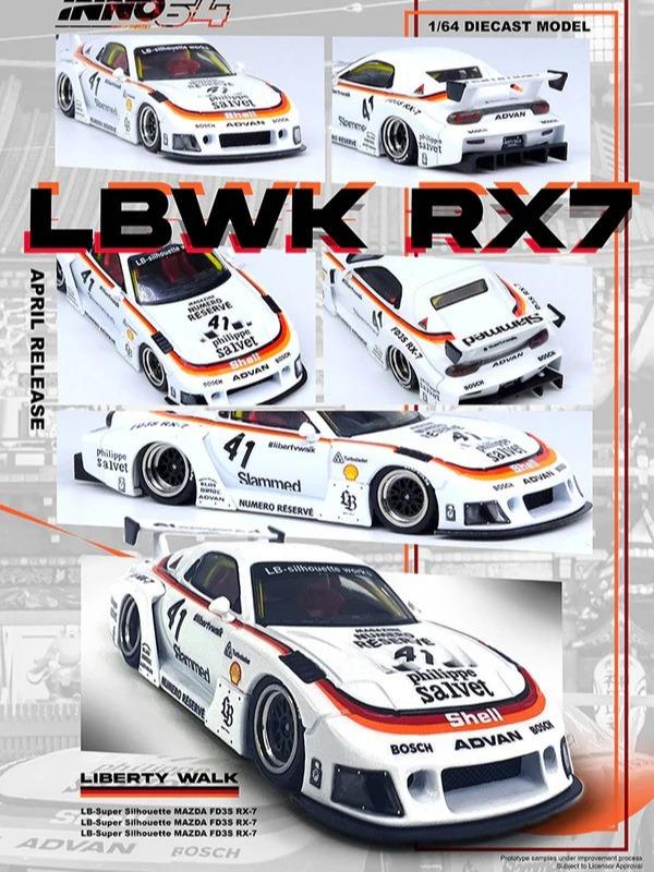 Mazda RX7 (FD3S) LB-Super-Silhouette RHD (Right Hand Drive) #41 White with Stripes and Graphics 1 64 Diecast Model Car by Inno Models