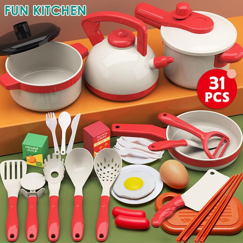 Kitchen Pretend Play Toy Set, 31pcs set Including Pot, Pan, Spatula, Egg, Fruit, Vegetable, Kitchen Toy for Kids, Birthday Gift for Boys & Girls