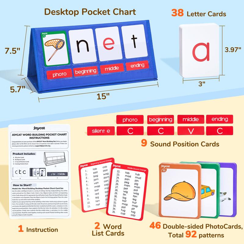 Word Building Desktop Pocket Chart Tent Cards Kit, CVC Words Phonics Games Blending Board for Reading and Spelling, Building Phonics Game