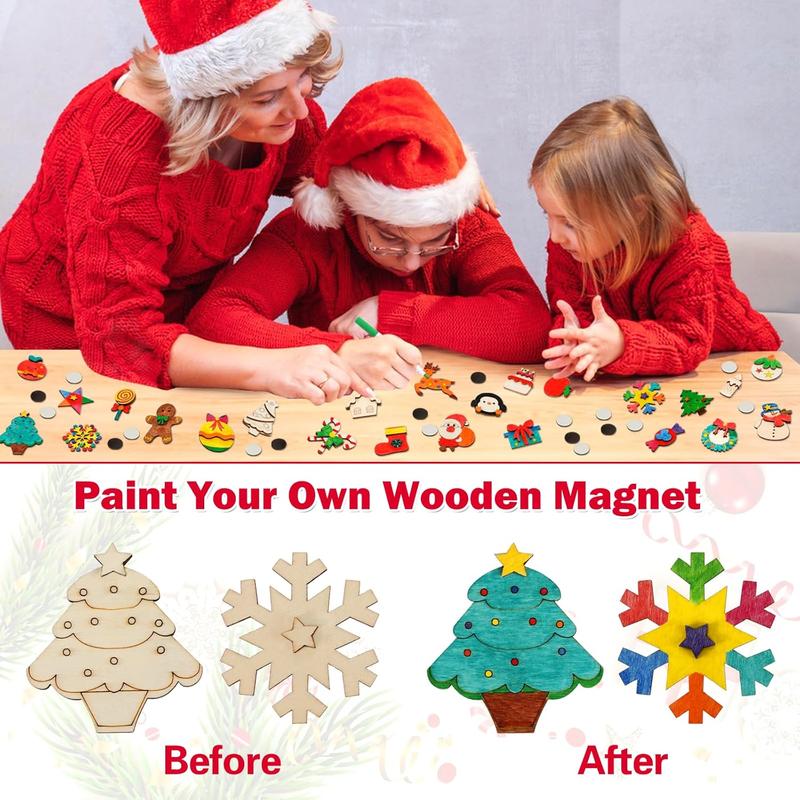 DIY Wooden Christmas Crafts Kit for Kids - 36pcs Magnets Painting Set for Boys & Girls Ages 4-8 & 8-12, Xmas Stocking Stuffers, Holiday Party Favors, Gifts, Goodie Bag Fillers, Holiday Decor