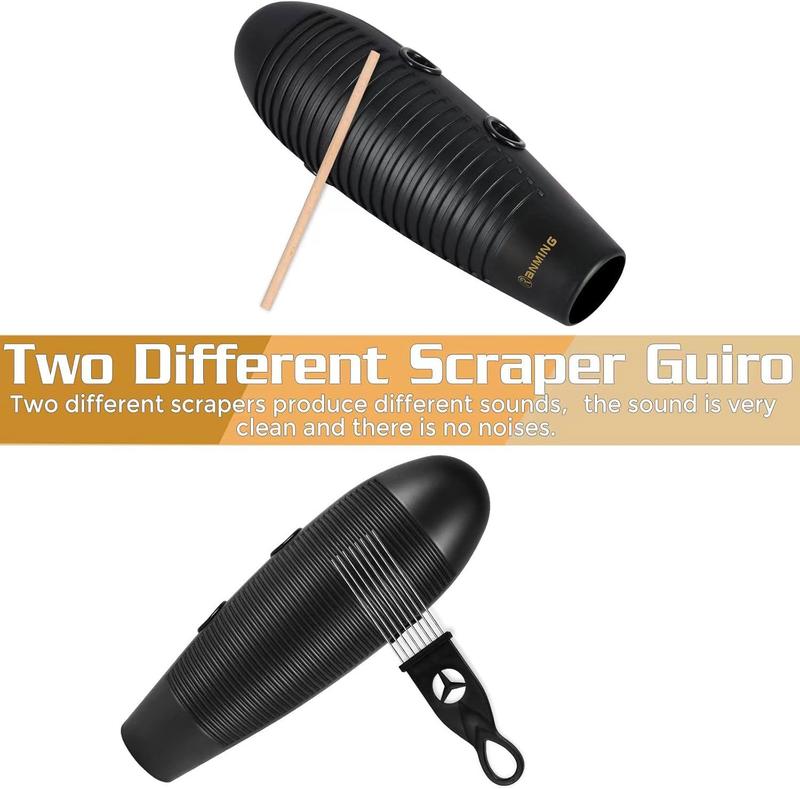 RANMING Guiro Instrument 3.9x13 Inch Super Guiro Fish Shaped Latin Percussion Instrument with 2 x Guiro Scraper Musical Training Tool for Beginners and Music Lover Black