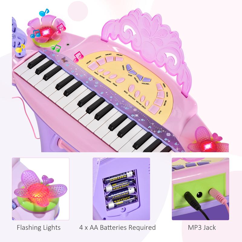 Qaba 32-Key Princess Electronic Toy Piano for Kids, Educational Keyboard Piano with Stool, MP3, Record, Flashing Lights, Microphone for 3-6 Years