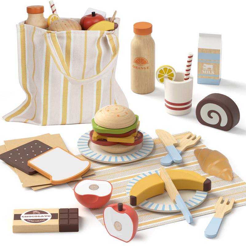 21PCS Pretend  play Picnic Set, Wooden play Food Sets for Kids kitchen, Lehoo Castle Pretend play Food Toys, Cutting Food Toys, Gift for Girls Boys, Toy Food Educational Gifts, Birthday Gifts play kitchen Multicoloured Learning Unisex Transportation