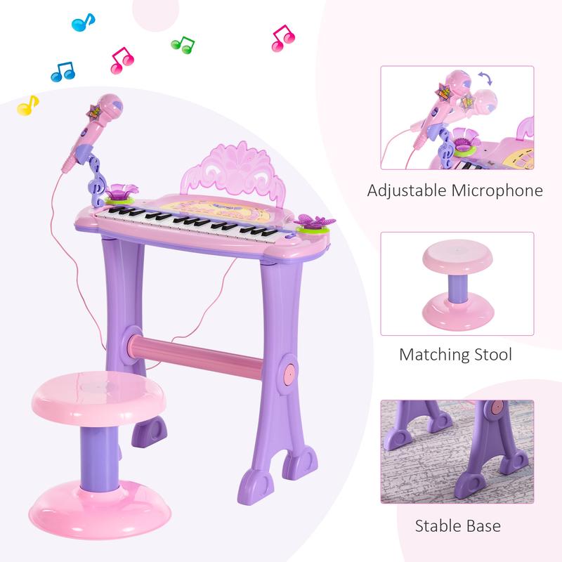 Qaba 32-Key Princess Electronic Toy Piano for Kids, Educational Keyboard Piano with Stool, MP3, Record, Flashing Lights, Microphone for 3-6 Years