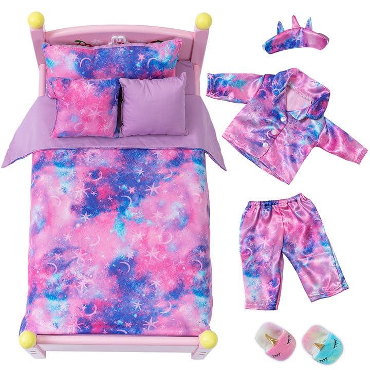 8 PCS 18 Inch Girl Doll Clothes and Accessories Sleeping Sheet,Pajamas,Eye Mask,Unicorn Slippers,Pillow(Doll and Bed are Not Included)