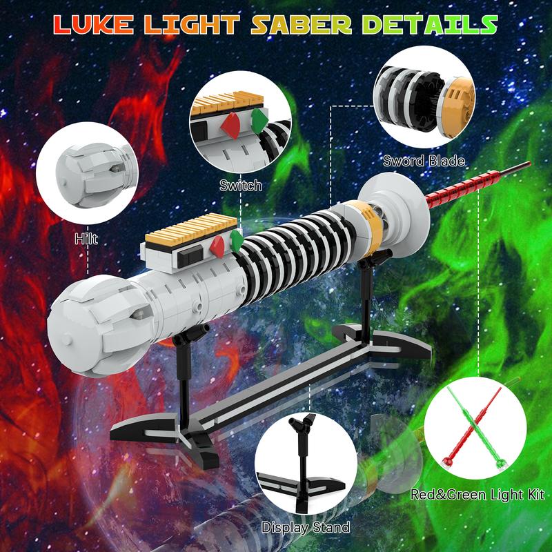 Tenhorses Luke Light Up Saber with Display Stand Building Sets, Red Green Light Sword 2-in-1, Space Galaxy Wars Skywalker Toys Gift for Kids or Adult Age 6+ (199Pcs)