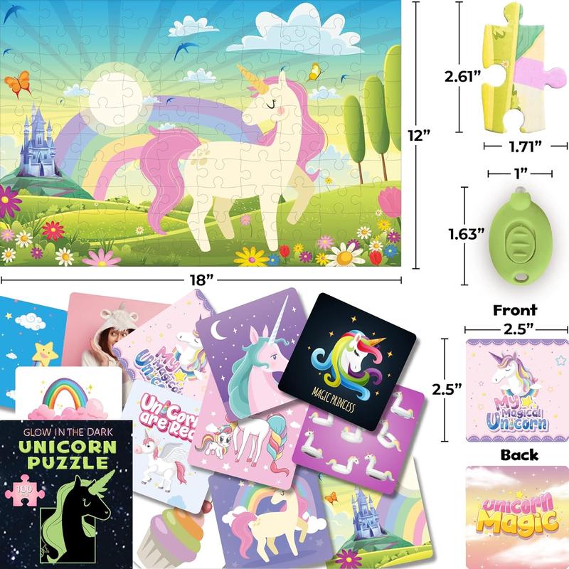 100 count Unicorn Puzzle Glow-in-The-Dark Puzzle for Kids Girls & Boys, Birthday Gift w Bonus Memory Matching Cards & LED Flashlight, Jigsaw Puzzles for Kids Ages 5 6-8 10-12 Years Old and Up