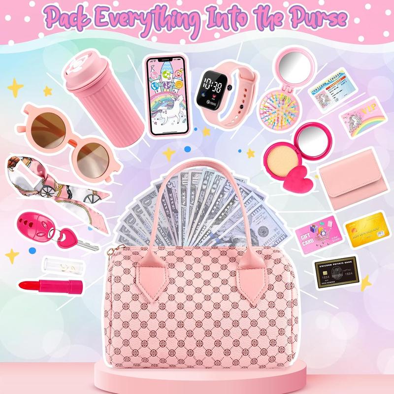 Christmas Play Purse for Little Girls, 35PCS Toddler Purse with Handbag, Phone, Wallet, Camera, Keys, Kids Purse, Cards, fake currency Birthday Gift for Girls