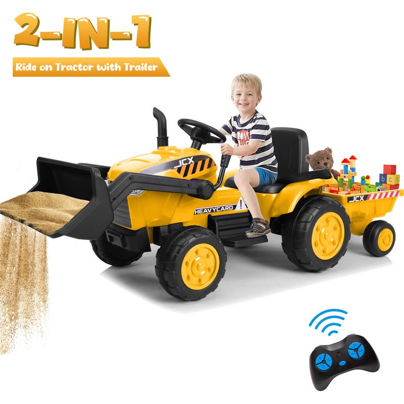 CoCLUB 12V 2 in 1 Ride on Tractor Bulldozer Toys for Kids, Battery Powered Ride on Tractor with Remote Control, Trailer, Shovel Bucket, Digging Handle, Remote Control, Bright Headlight, Gift for Boys and Girls