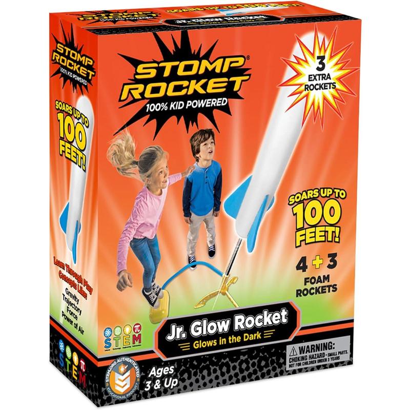 Stomp Rocket Jr Glow Rocket Launcher for Kids - 4 Glow-in-The-Dark Rockets - Outdoor Fun Toy Gift for Boys & Girls - STEM Soft Foam Blaster Set Soars Up to 100 Feet - Ages 3 & Up