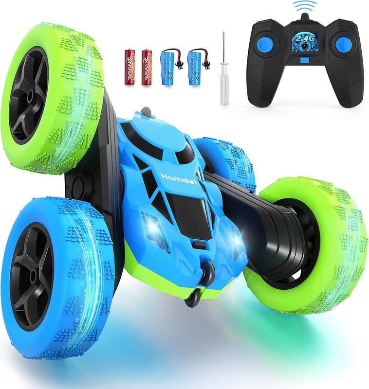 Remote Control Car for 6-12 Year Old Double Sided 360Rotating 4WD RC Cars with Headlights 2.4GHz Electric Rechargeable Race Stunt Toy Car for Boys Girls Birthday (Blue&Green)