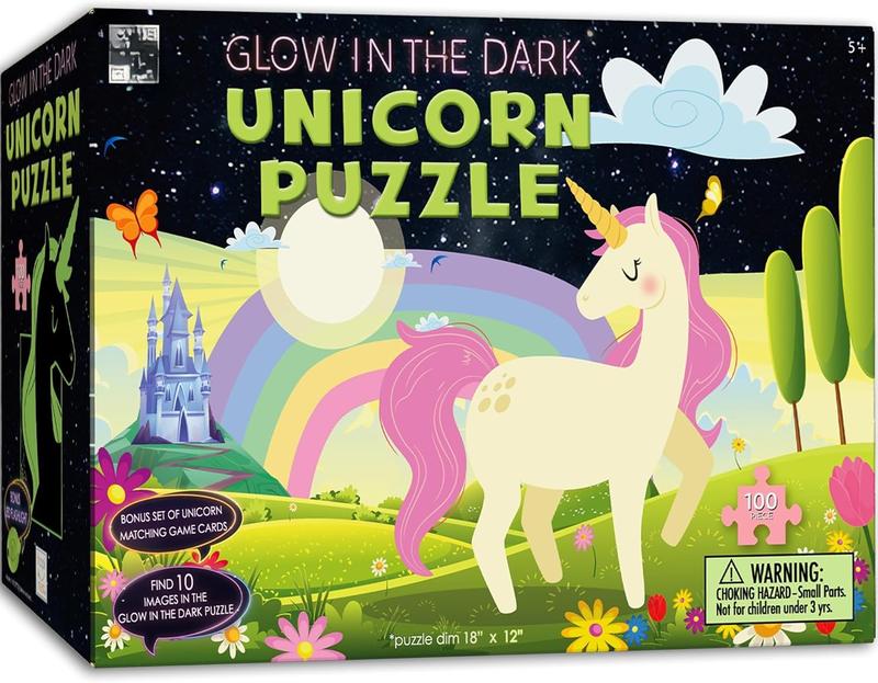 100 count Unicorn Puzzle Glow-in-The-Dark Puzzle for Kids Girls & Boys, Birthday Gift w Bonus Memory Matching Cards & LED Flashlight, Jigsaw Puzzles for Kids Ages 5 6-8 10-12 Years Old and Up