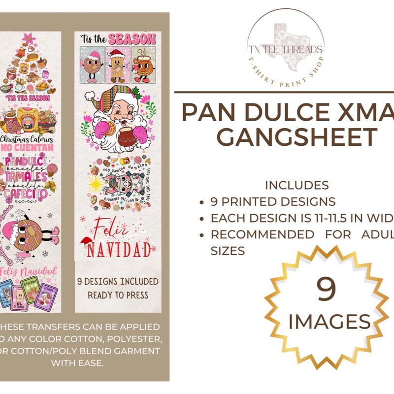 Pan Dulce Christmas Holiday Prints DTF Gangsheet with 9 Images for Heat Press onto T-Shirts or Fabric of Your Choice