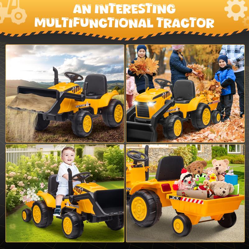 CoCLUB 12V 2 in 1 Ride on Tractor Bulldozer Toys for Kids, Battery Powered Ride on Tractor with Remote Control, Trailer, Shovel Bucket, Digging Handle, Remote Control, Bright Headlight, Gift for Boys and Girls