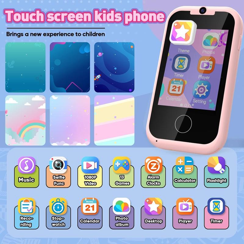 Kids Phone Toddler Toys for Girls Age 3-6,Christmas Birthday Gifts for Girls Age 3-6,Portable Touchscreen Learning Toy for 3 4 5 6 Year Old Girl with Camera SD Card-Pink