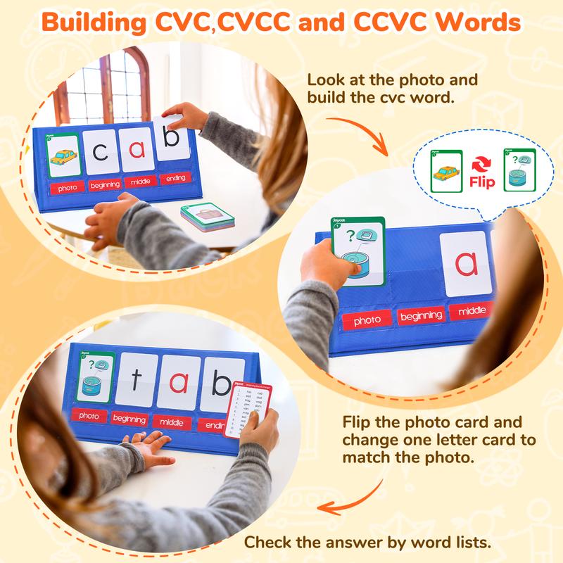 Word Building Desktop Pocket Chart Tent Cards Kit, CVC Words Phonics Games Blending Board for Reading and Spelling, Building Phonics Game