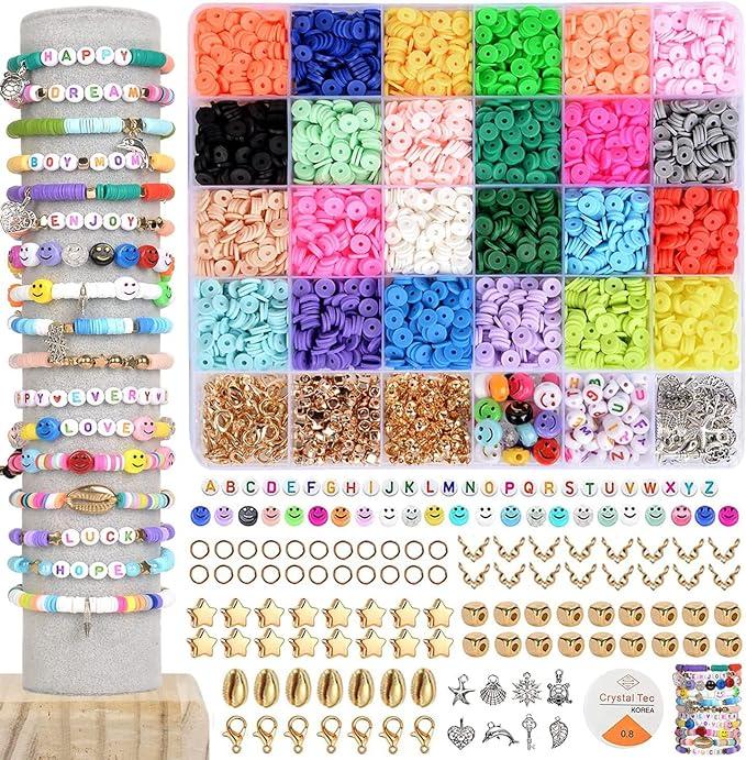 Clay Beads for Jewelry Making Bracelet Kit,Flat Round Polymer Heishi Clay Beads with Pendant and Jump Rings Letter Beads for Bracelets Necklace Earring DIY Craft-24 Colors 6mm