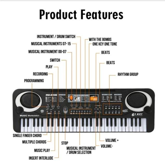 61 Key Digital Music Piano Keyboard for Kids,Portable Electronic Musical Instrument,Multi-function Keyboard with Microphone Gifts for Boys and Girls